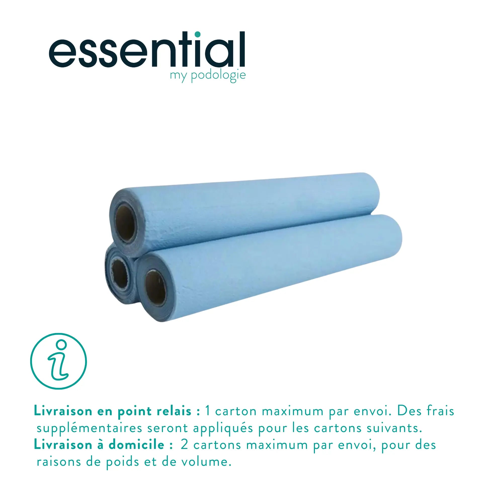 6 rouleaux Draps d'examen bleus plastifiés - 132 formats - 2 Plis gaufrés Essential