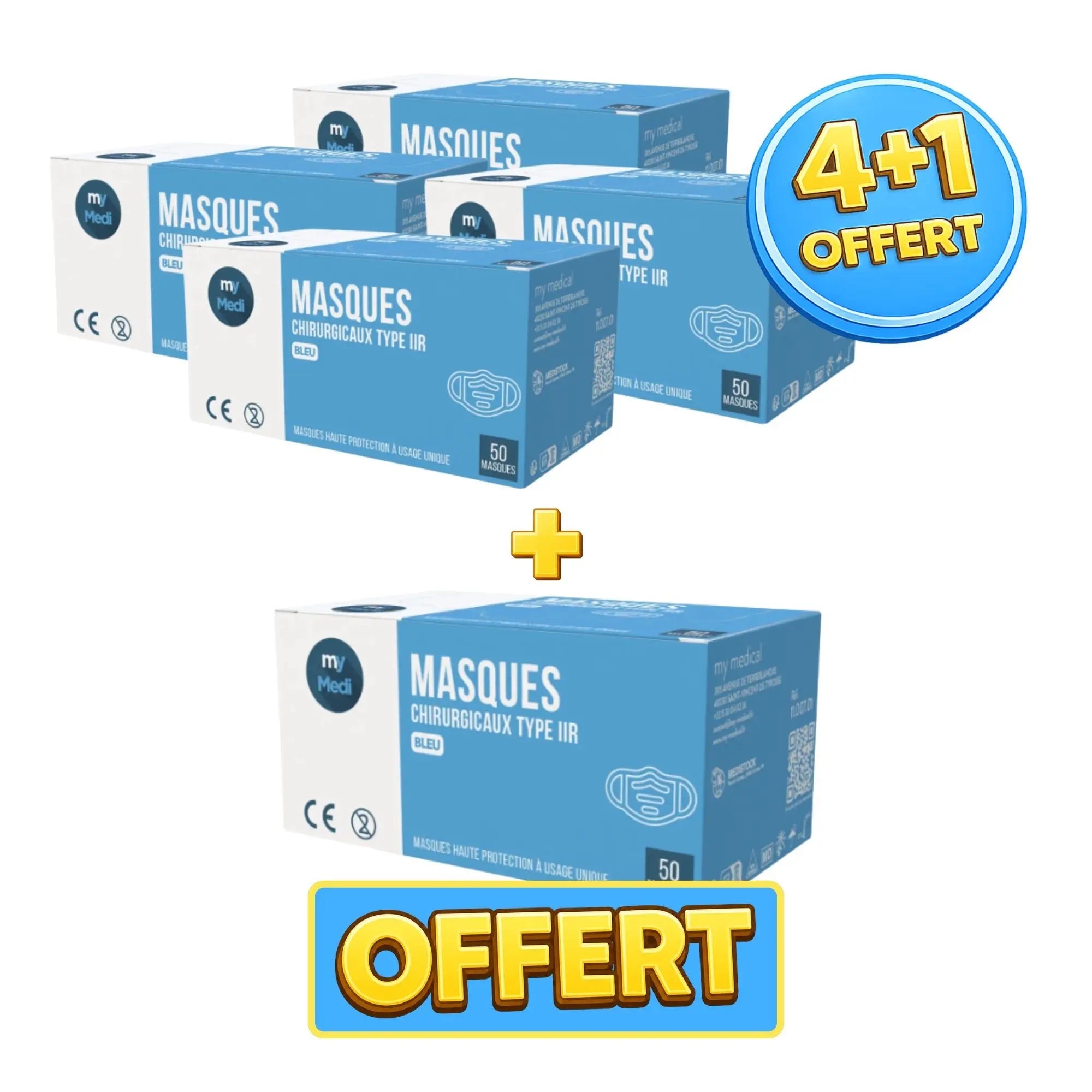 Pack 4+1 boîtes de 50 masques chirurgicaux bleu - 3 plis de type IIR - Norme EN14683 - Certification CE - My Médical My Medical 